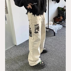 美式高街风裤子男欧美痞帅涂鸦印花直筒休闲裤高级感阔腿长裤图片