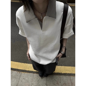 得物抖音高品质二开 夏季美式潮牌假两件格子衬衫翻领高街短袖T恤图片