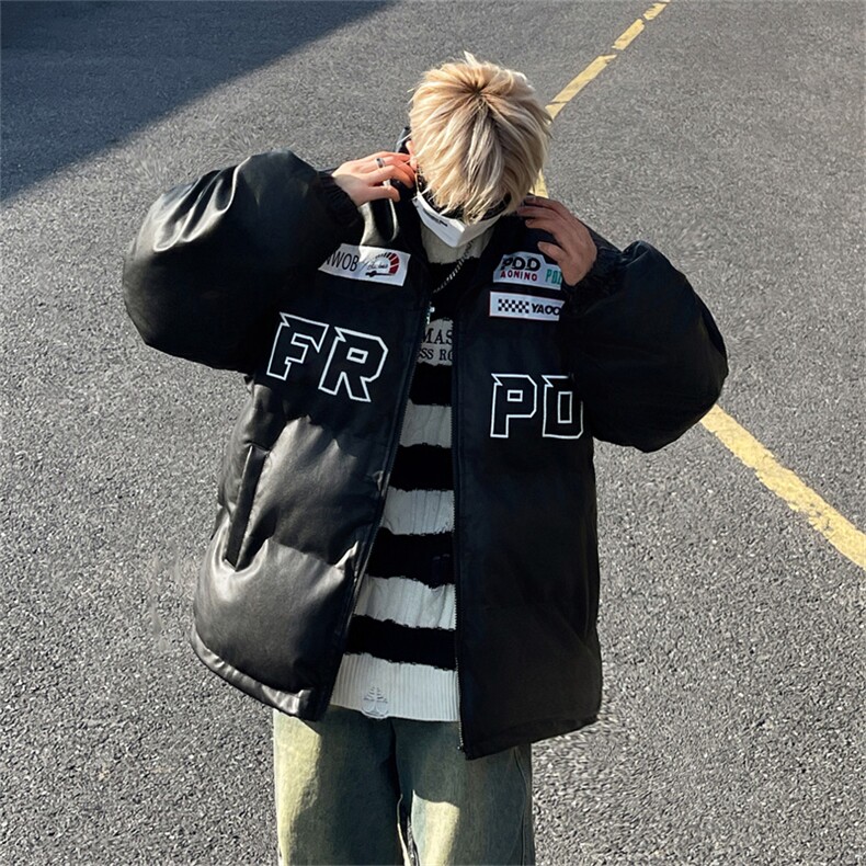 2024美式机车PU皮棉衣外套冬季保暖高街潮牌宽松棉袄MF101-P83,男装棉衣,星座313A-2