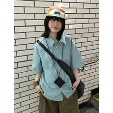 日系复古蓝色短袖衬衫女夏季宽松休闲褶皱半袖衬衣HTX213，男装T恤，星座208-5