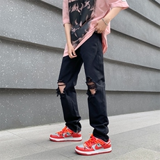 破洞牛仔裤男夏季美式潮牌侧边拉链开衩宽松直筒长裤N0114-P40，男装牛仔裤，星座308B-1