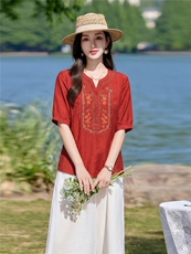 时尚洋气刺绣棉麻套装女2026夏季新款宽松遮肉显瘦阔腿裤两件套，女装套装/套裙，魅影