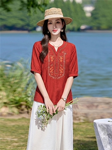 时尚洋气刺绣棉麻套装女2026夏季新款宽松遮肉显瘦阔腿裤两件套图片