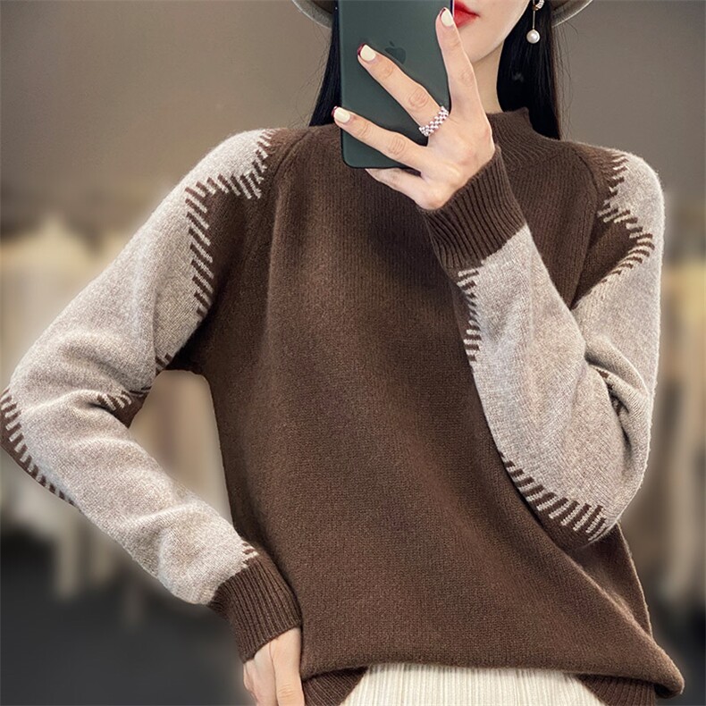 25秋冬新款100%纯羊毛衫女半高领宽松拼色套头针织毛衣羊绒打底衫,女装羊毛衫,琳尚羊绒