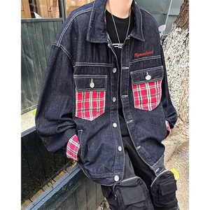 美式格子口袋拼接牛仔外套男线条撞色情侣潮牌翻领工装夹克NY1236图片