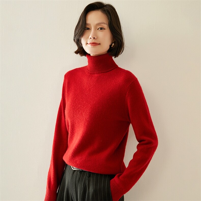 2024秋冬新款35%羊绒女士7针平面高翻领羊绒衫,女装羊绒衫,纳丰羊绒