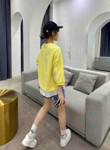 【现货】夏季新款针织衬衫拼接七分袖圆领卫衣，女装衬衫，微迪菲