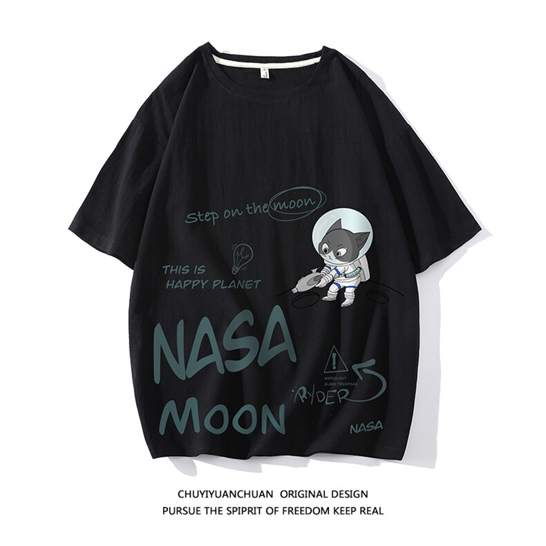 NASA联名同款亚麻短袖t恤五分袖男宽松七分袖白底YT26187-P30,男装T恤,电商A040A
