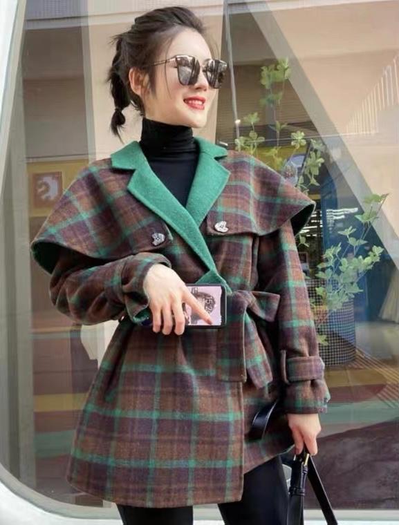 2022新款洋气绿格子斗蓬披肩款羊毛双面呢大衣,女装其它,L·H·X