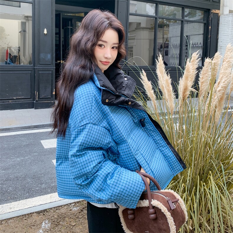 蓝色格子立领短款羽绒服女冬2025超火好看高级小众加厚面包服外套,女装羽绒服,2C117
