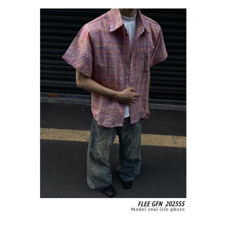 色织格纹泡泡纱宽松廊形短袖衬衫男设计感粉色衬衣CS287-P35,男装T恤,星座1001-1