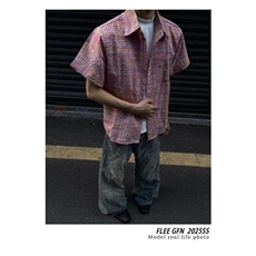 色织格纹泡泡纱宽松廊形短袖衬衫男设计感粉色衬衣CS287-P35，男装T恤，星座1001-1