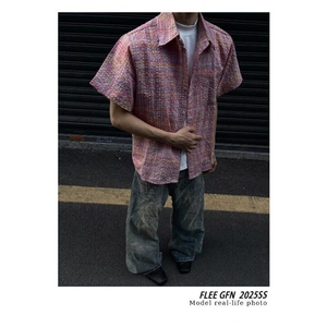 色织格纹泡泡纱宽松廊形短袖衬衫男设计感粉色衬衣 CS287-P35图片
