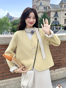 黄色V领飘带双面呢羊毛外套女秋冬2025新款高级感爆款小个子大衣图片