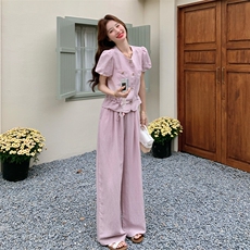 粉色泡泡袖套装女夏收腰阔腿裤两件套时尚显瘦223-1551P165K245，商品下架区，莘蕾