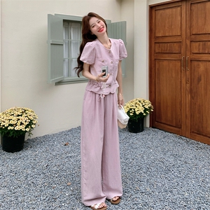 粉色泡泡袖套装女夏收腰阔腿裤两件套时尚显瘦223-1551P165K245图片