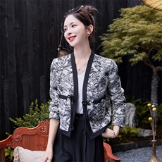 唐装女改良款潮高端提花开衫春秋长袖上衣一粒扣V领小外套，女装短外套，水衣源