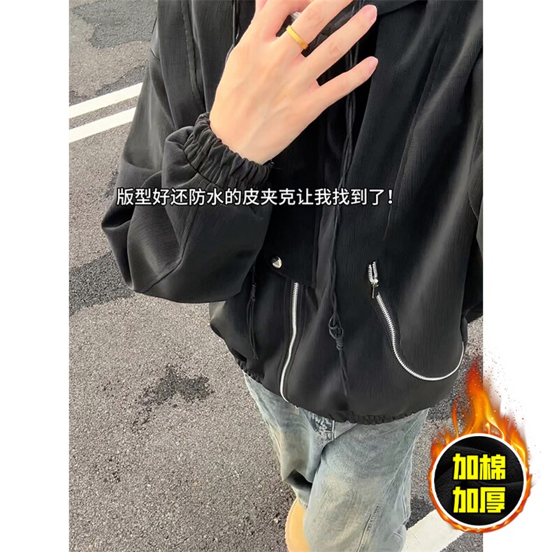 现货高品质美式高街重磅座山雕连帽pu皮棉衣男女加厚毛毛绒冬外套,男装皮衣,电商A443