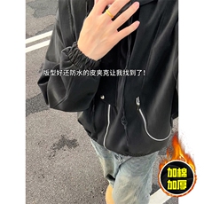 现货高品质美式高街重磅座山雕连帽pu皮棉衣男女加厚毛毛绒冬外套，男装皮衣，电商A443