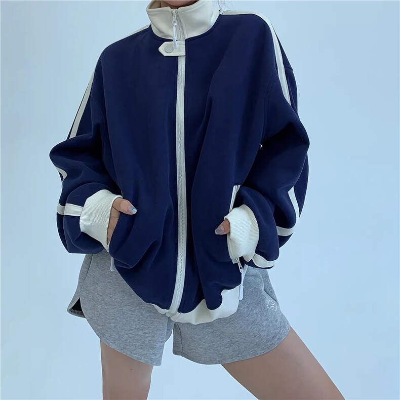 WY841-P65-450克美式慵懒chic新款复古撞色运动休闲立领卫衣外套,女装短外套,星座1811B
