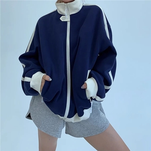 WY841-P65-450克美式慵懒chic新款复古撞色运动休闲立领卫衣外套图片