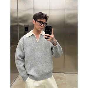 重磅北极绒假两件衬衫领毛衣美式高街复古休闲慵懒纯色翻领针织衫图片