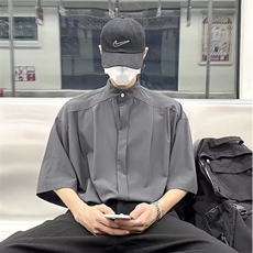 短袖衬衫男士设计感高级垂感新中式男装风无领衬衣CSL120，男装T恤，星座516A