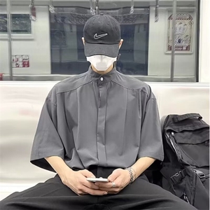 短袖衬衫男士设计感高级垂感新中式男装风无领衬衣CSL120图片