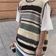 美式复古撞色条纹背心男款夏季潮牌针织镂空衣服坎肩毛衣无袖t恤，男装针织衫/毛衣，星座1210-1