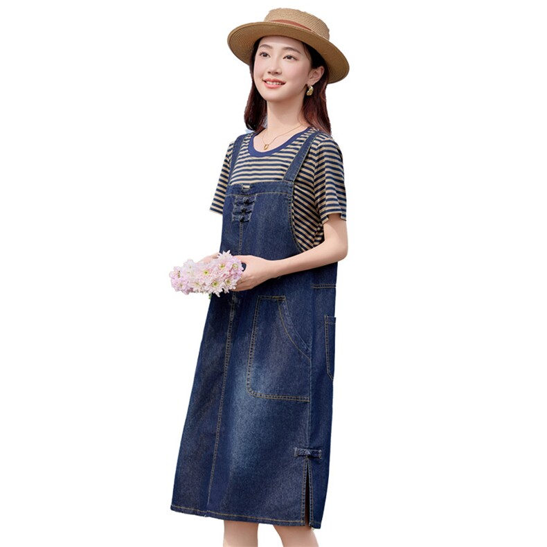2025夏季女拼接休闲假两件连衣裙遮肉显瘦减龄大码洋气牛仔背带裙,女装连衣裙,利佳可人