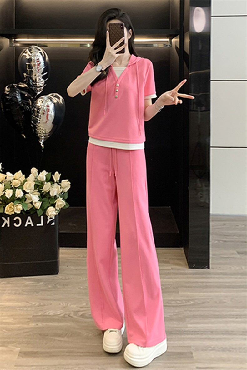 网红休闲运动套装女夏季新款假两件连帽短袖卫衣阔腿裤两件套潮流,女装套装/套裙,江南