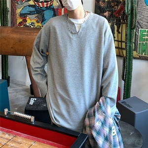 2026春夏大码假两件华夫格长袖T恤男宽松上衣 W56683/特P20 灰图片
