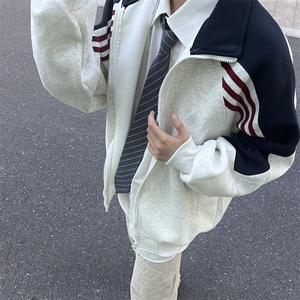 抖音得物高品质26春装美式高街重磅织带拼接撞色立领卫衣外套CM41图片