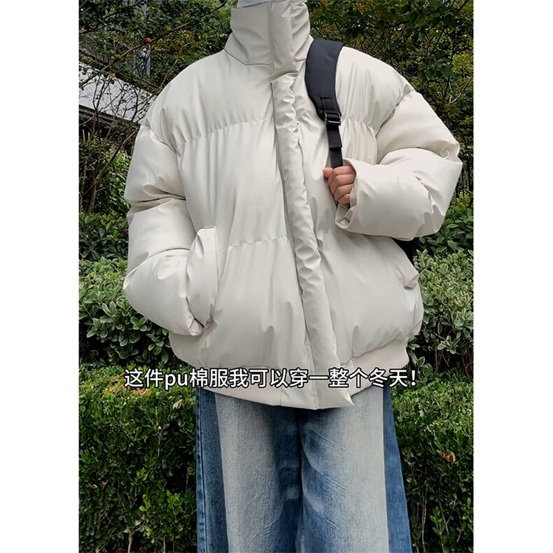 现货5W件冬季三防重磅硬挺boxy短款羽绒立领PU皮棉衣外套加厚棉服,男装棉衣,电商A443