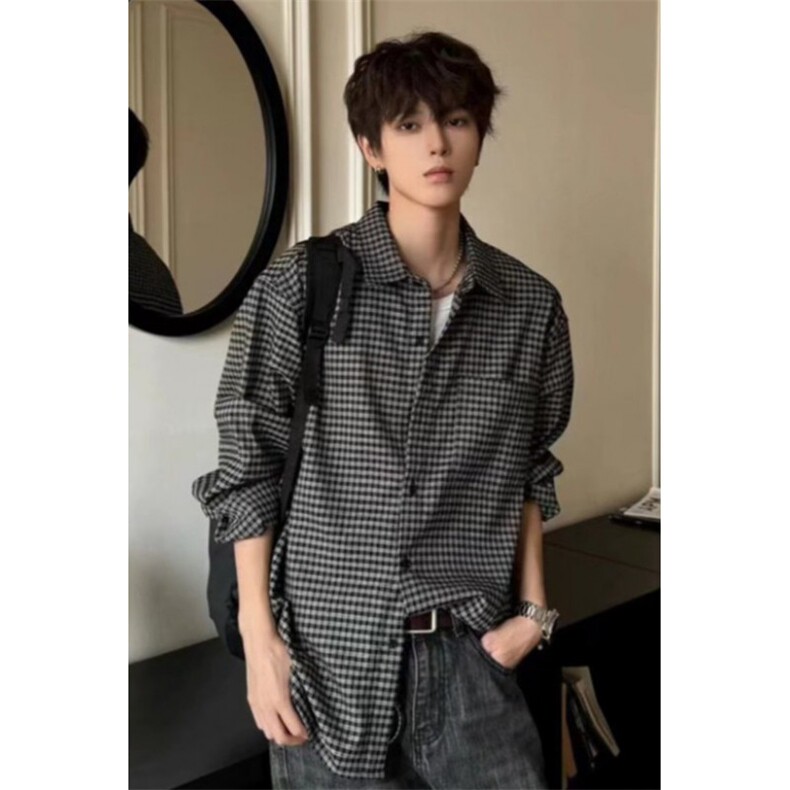 复古春夏季休闲格纹通勤长袖衬衫男百搭宽松复古慵懒衬衣CS388,男装衬衫,星座1116A（原606A-3）