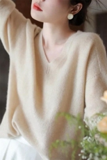 纯色V领羊毛针织衫女韩版宽松时尚百搭上衣，女装羊毛衫，恩泰羊绒