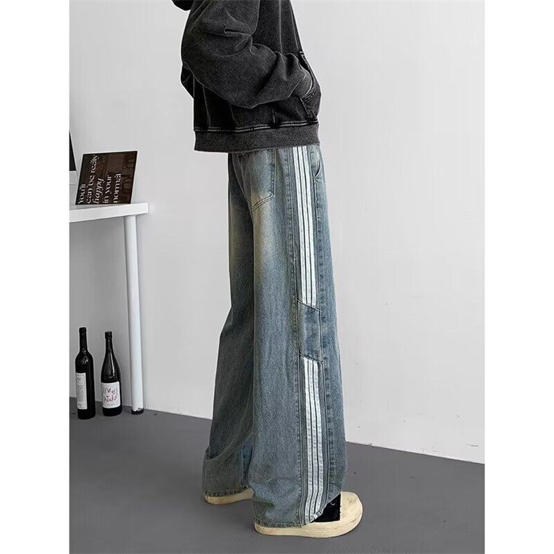 美式复古水洗阔腿牛仔裤男cleanfit三条杠宽松直筒长裤70911-P45,男装牛仔裤,星座1008