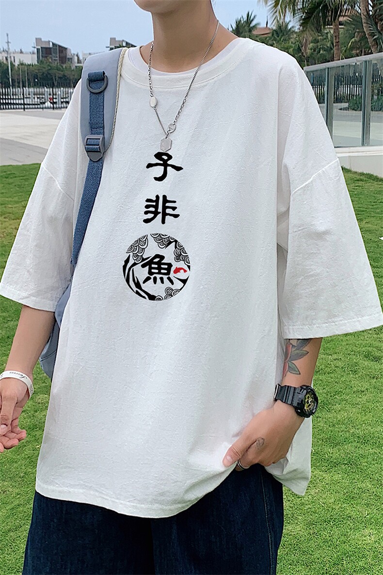 YT26070-P30亚麻短袖t恤男大码五分袖男宽松七分袖港风模特,男装T恤,电商A040