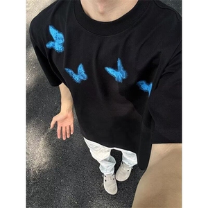 cleanfit蝴蝶印花t恤男夏季潮牌重磅短袖美式高街小领口情侣半袖图片