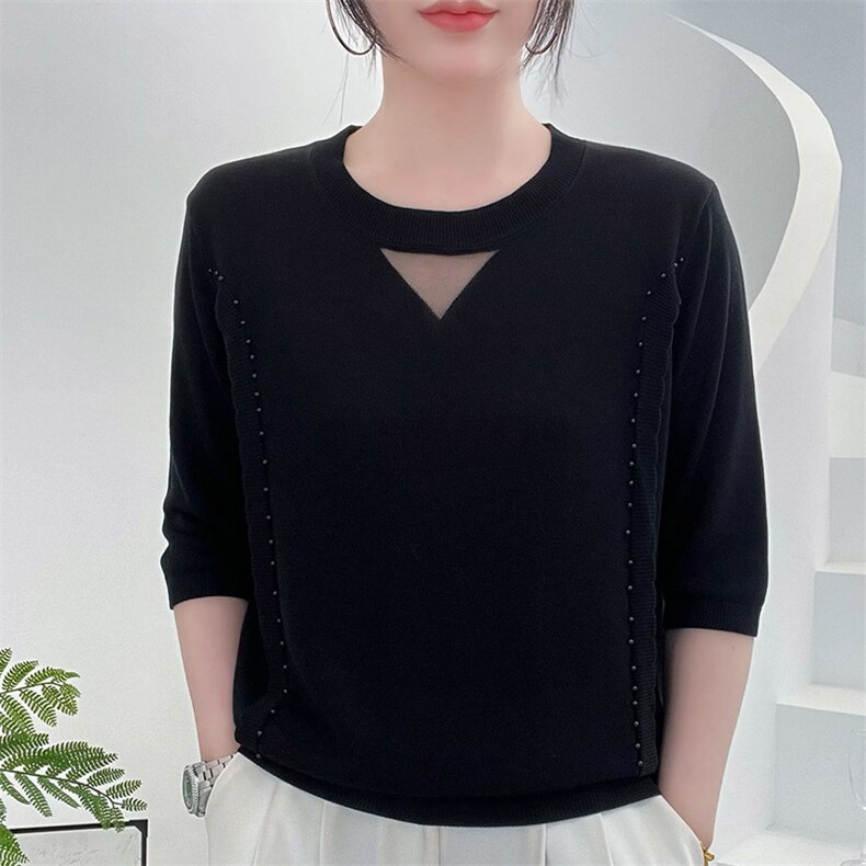 夏季新款时尚气质百搭简约女士两侧带边天丝中袖，女装T恤，秋虹羊绒