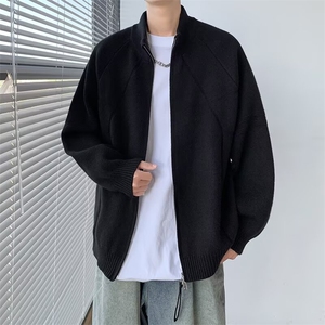 秋冬慵懒风简约百搭纯色重磅拉链休闲宽松毛衣美拉德针织立领开衫图片