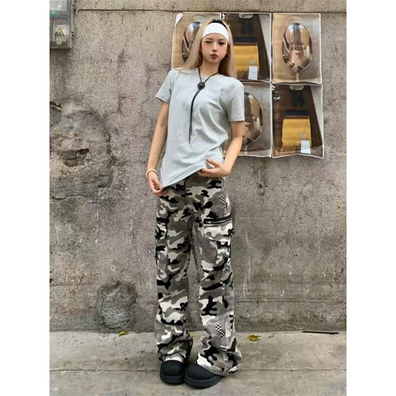 美式迷彩裤微喇显瘦大口袋宽松休闲复古拖地vibe工装长裤,男装工装外套,星座506A