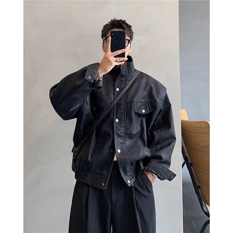 Pu皮衣小众设计感潮双拉链垫肩皮夹克男秋冬高街外套HHW633P80,男装皮衣,星座1013-5
