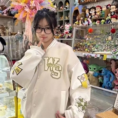 式PU拼接棒球服外套女2025春秋新款宽松设计感刺绣百搭夹克上衣，男装夹克，星座506A