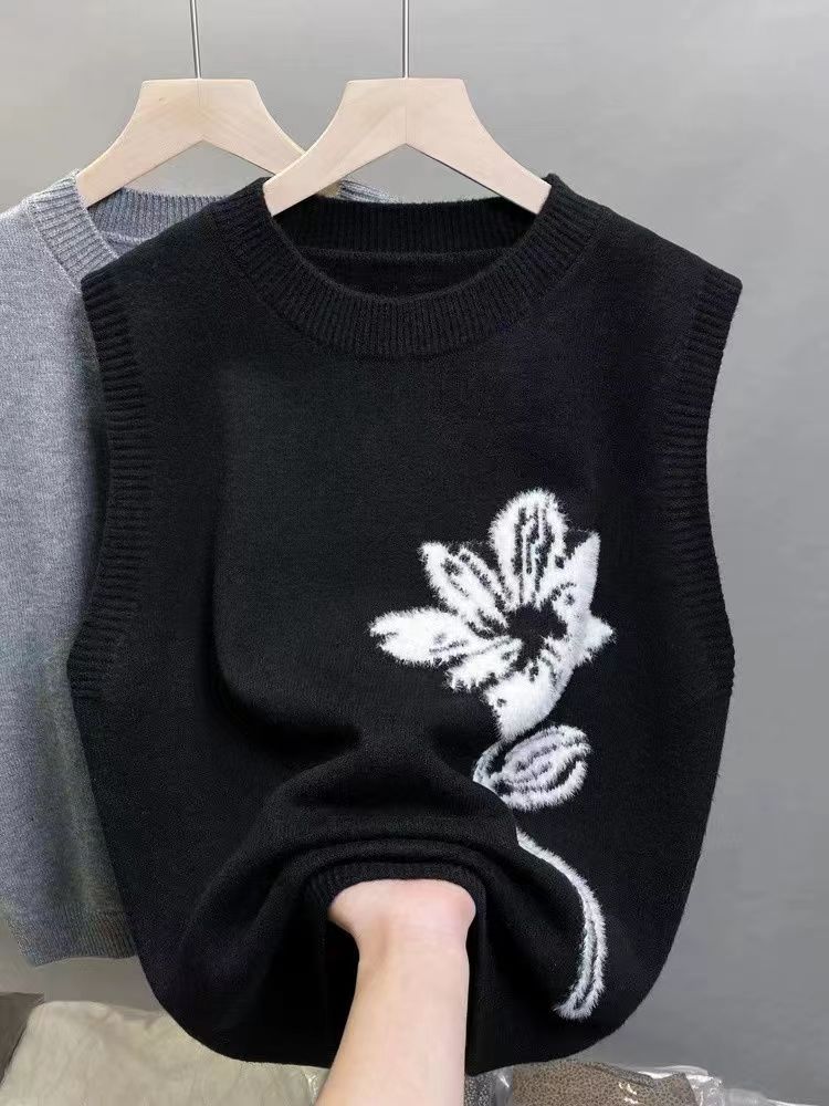 黑色叠穿针织马甲女宽松花朵刺绣设计感外搭春秋新款坎肩背心,女装马甲,胜酷羊绒