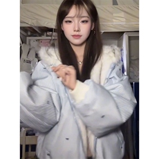 1506A/G36230/P99慵懒风蓝色条纹连帽棉服外套，男装棉衣，星座1506A