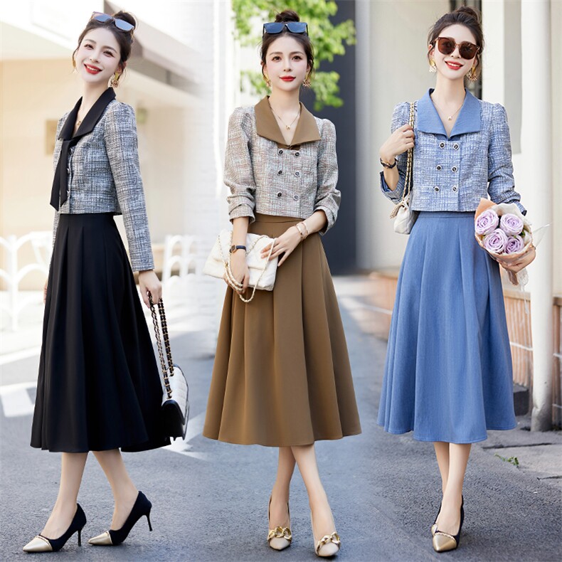 2025年秋装新款衣领两种穿法简约长袖穿着透气舒适两件套套裙，女装套装/套裙，尚娜萱