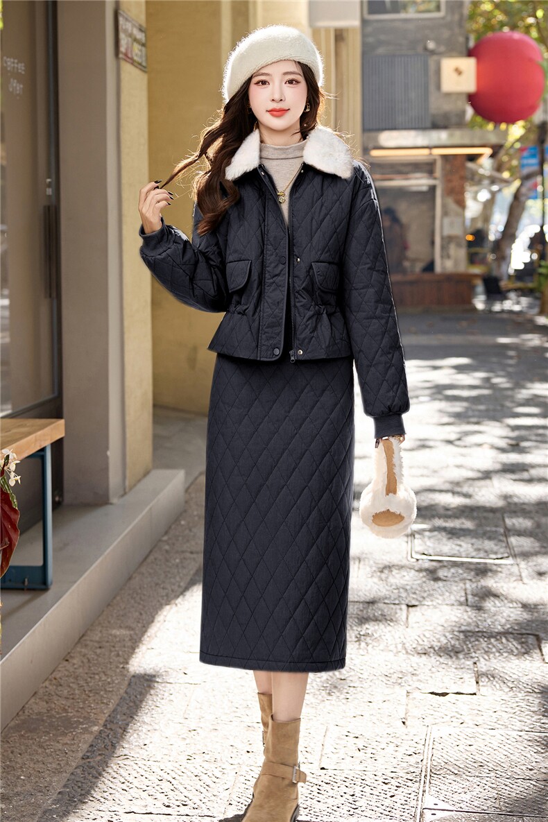 带毛领羽绒套装2025冬新款高级感减龄菱格羽绒服外套半身裙两件套,女装套装/套裙,流量+