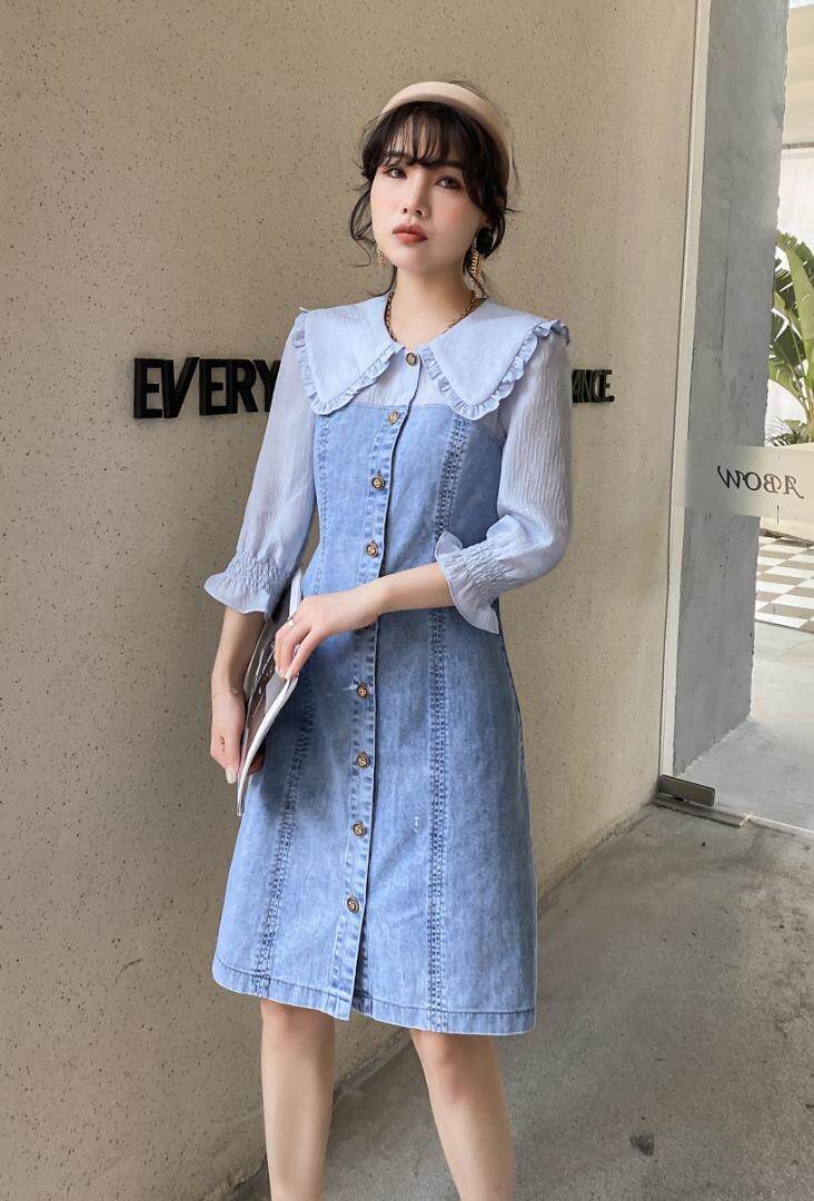 现货热卖拼色牛仔连衣裙，女装连衣裙，迈裳亿