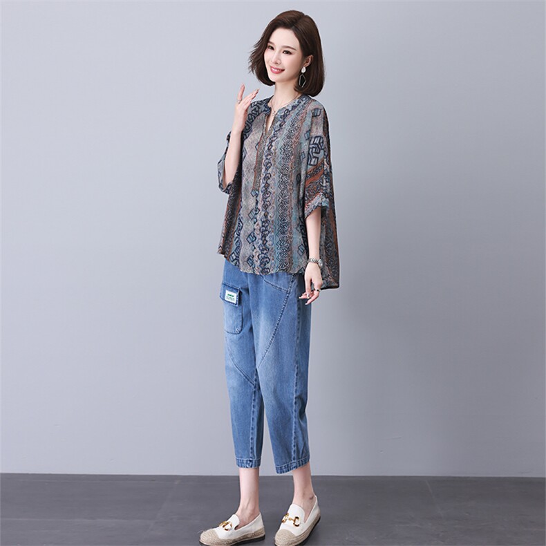 时尚休闲印花镶钻套装宽松显瘦牛仔裤两件套,女装套装/套裙,叶笙衣